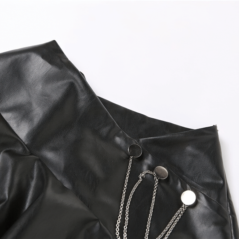 A-line Faux Leather Mini Skirt with Leg Garter on Metal Chain / Women's Punk Rock Black Clothing