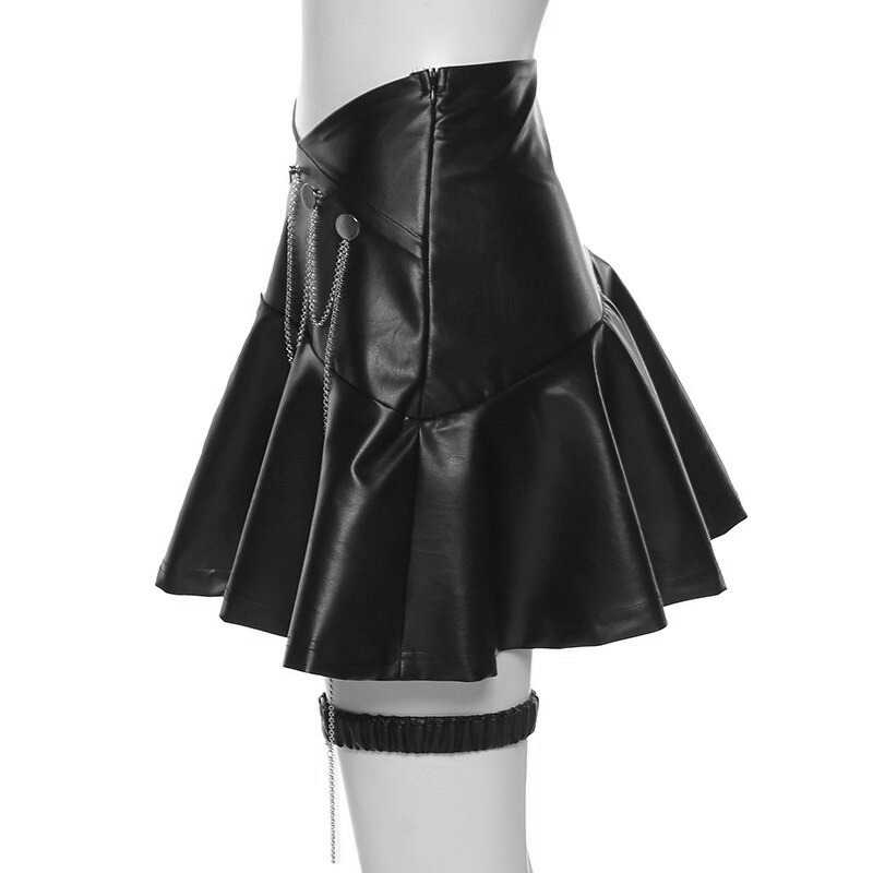 A-line Faux Leather Mini Skirt with Leg Garter on Metal Chain / Women's Punk Rock Black Clothing
