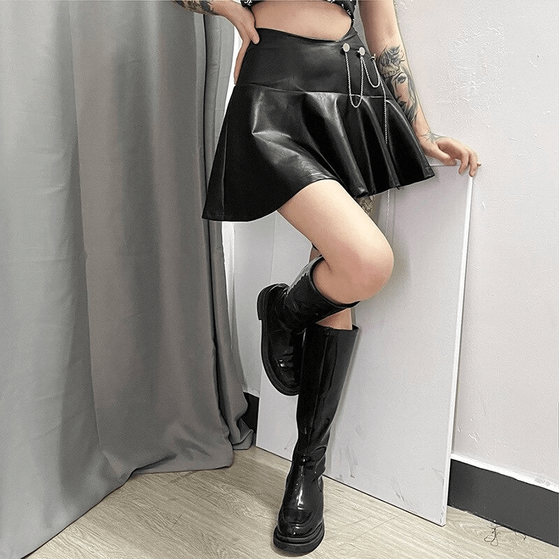 A-line Faux Leather Mini Skirt with Leg Garter on Metal Chain / Women's Punk Rock Black Clothing