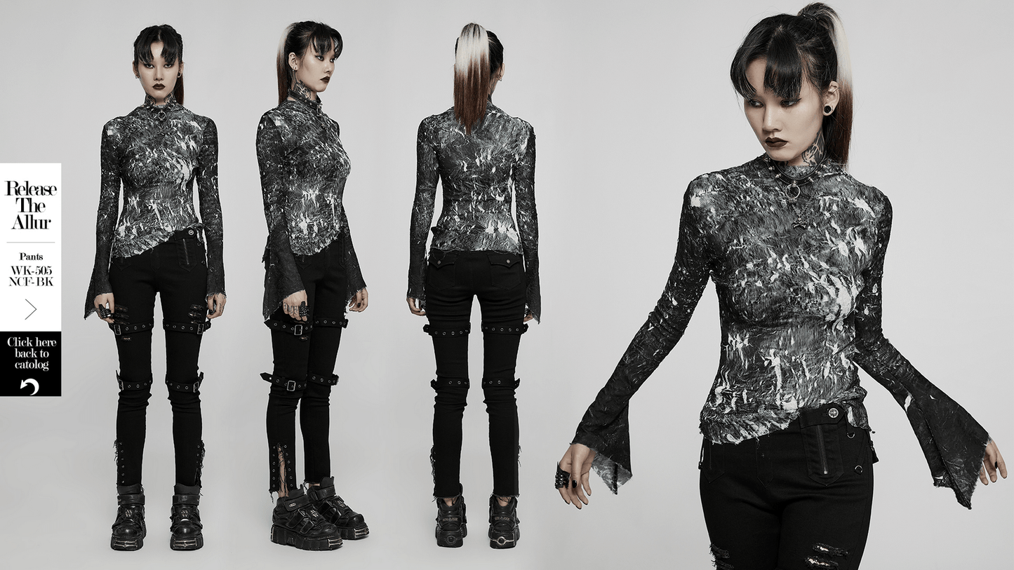 Abstract Marble Gothic Fitted Top with Long Sleeves