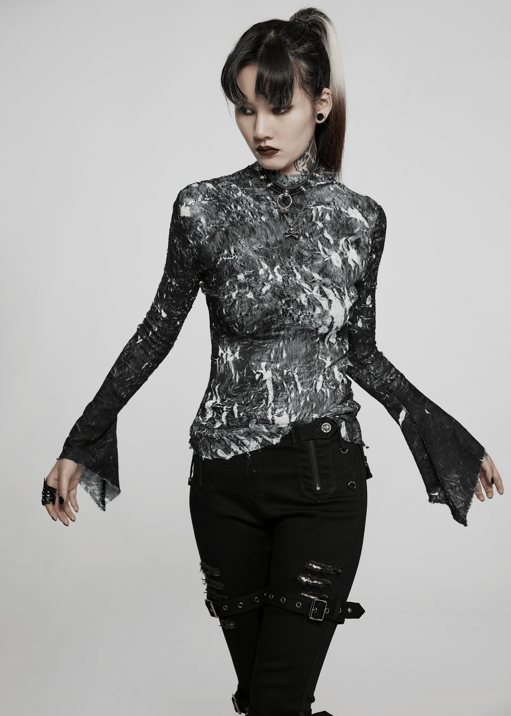 Abstract Marble Gothic Fitted Top with Long Sleeves