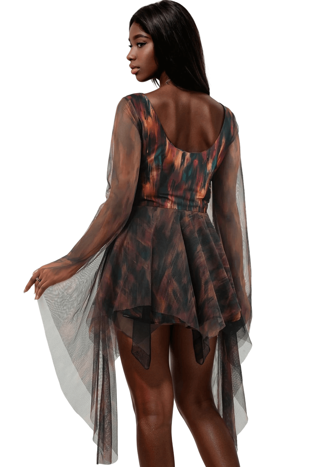 Abstract Mini Dress with Sheer Sleeves and Layers