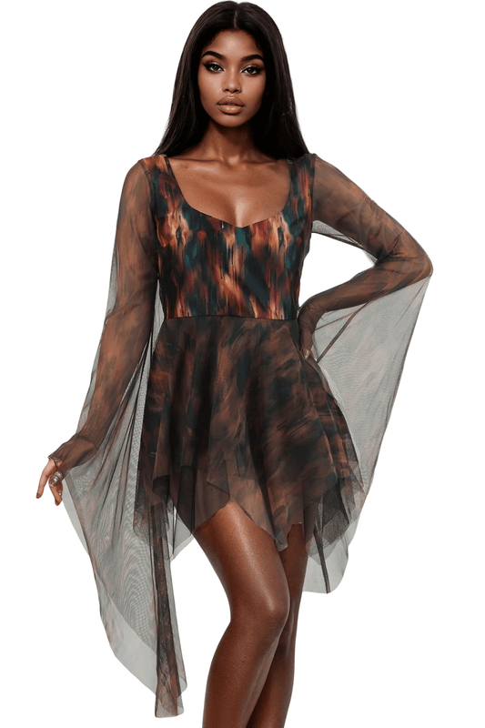 Abstract Mini Dress with Sheer Sleeves and Layers