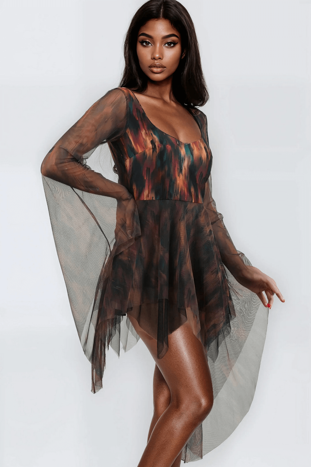Abstract Mini Dress with Sheer Sleeves and Layers