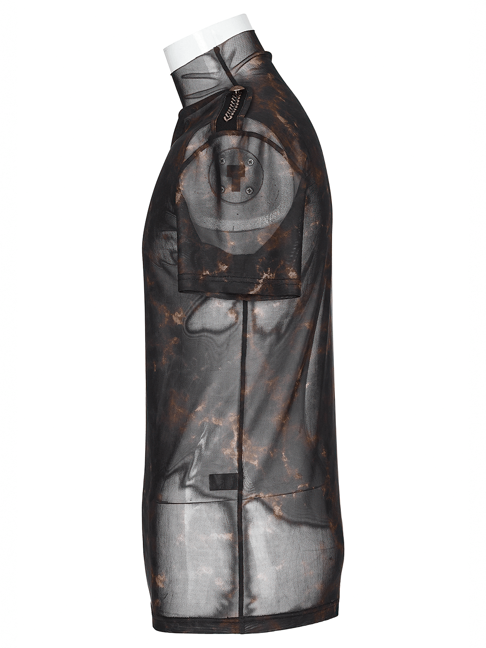 Abstract Print Stretch Mesh Tee with 3D Lace Shoulders