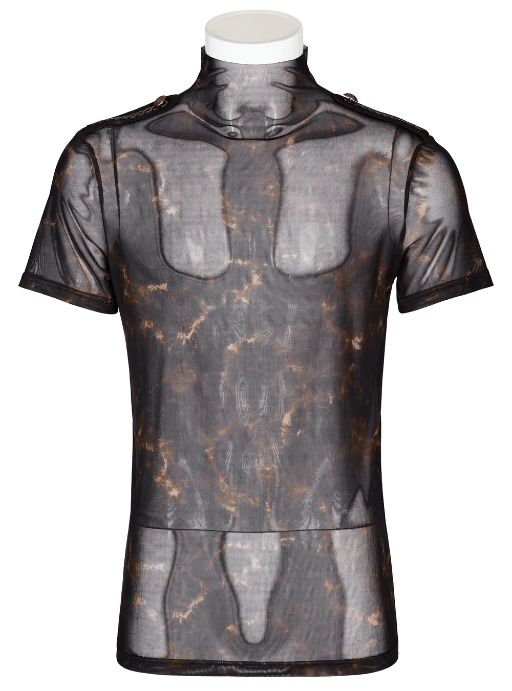 Abstract Print Stretch Mesh Tee with 3D Lace Shoulders