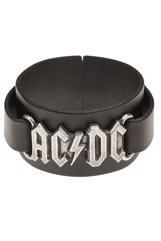 AC/DC Leather Black Bracelet with Pewter Band Logo