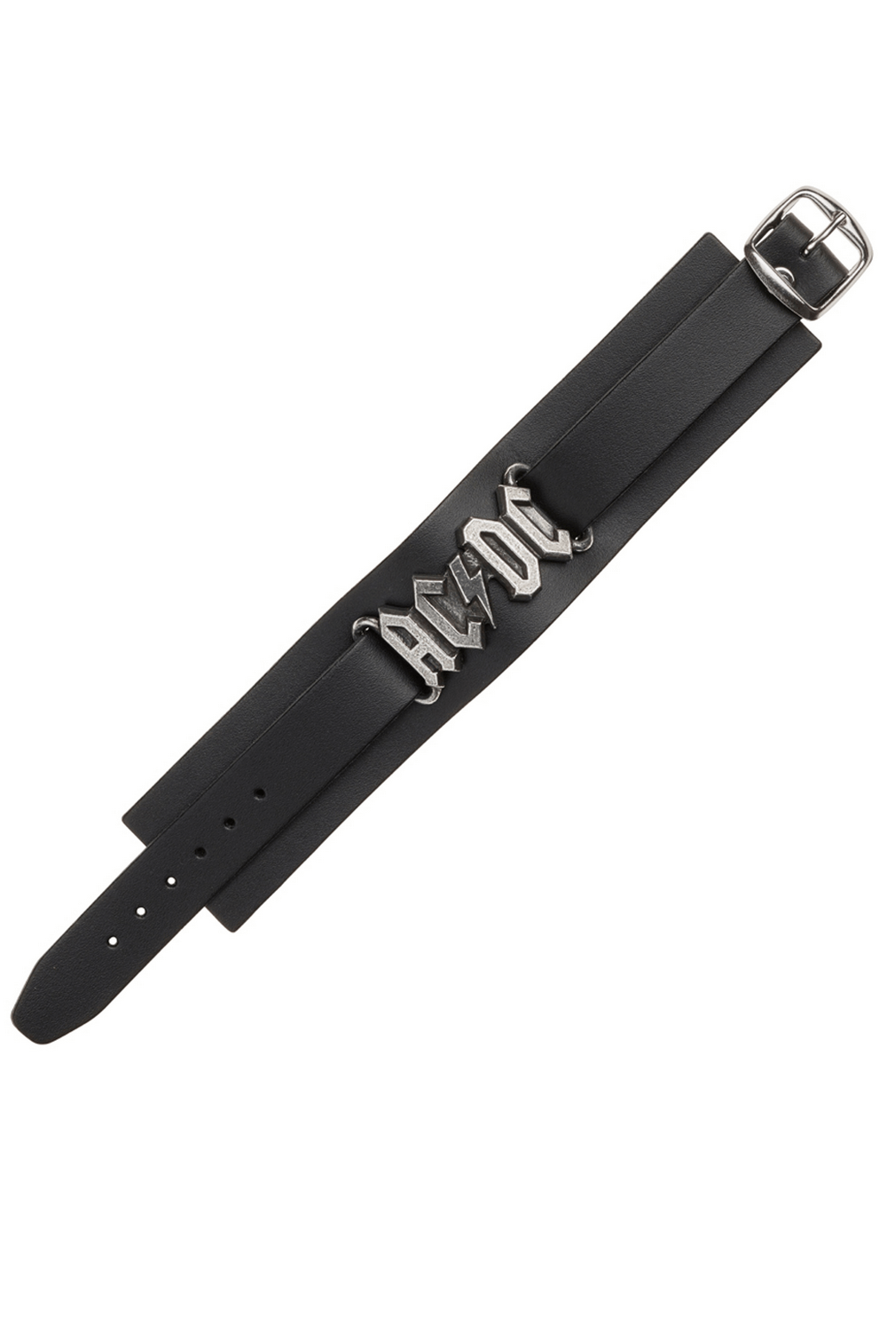 AC/DC Leather Black Bracelet with Pewter Band Logo
