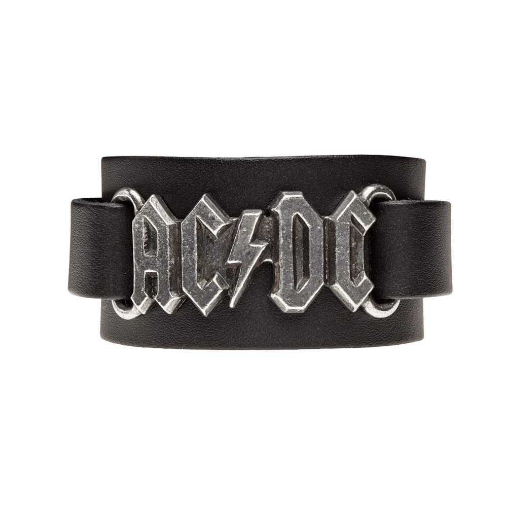 AC/DC Leather Black Bracelet with Pewter Band Logo