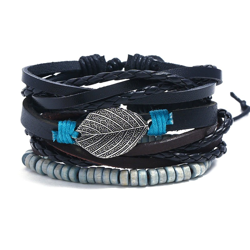 Adjustable Leather Bracelet Set with Plant / Punk Bangles for Men and Women