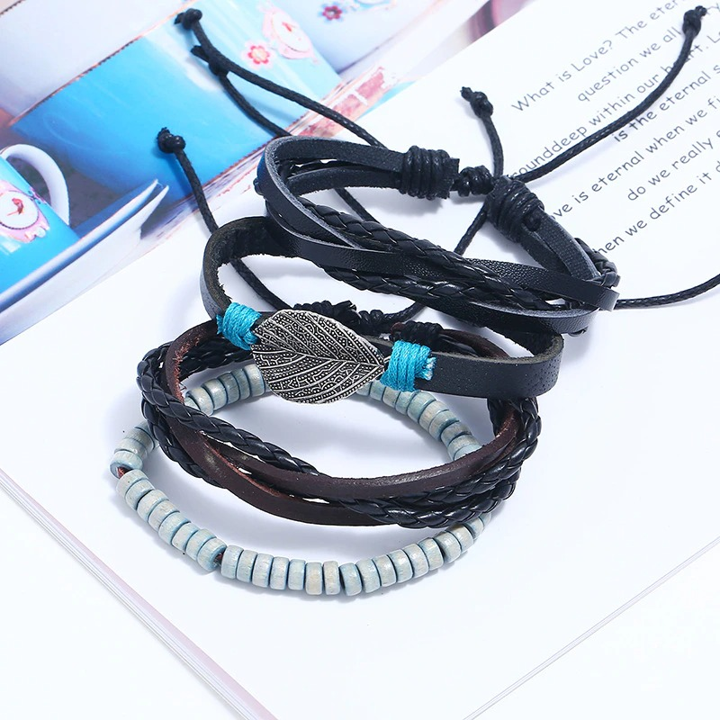 Adjustable Leather Bracelet Set with Plant / Punk Bangles for Men and Women