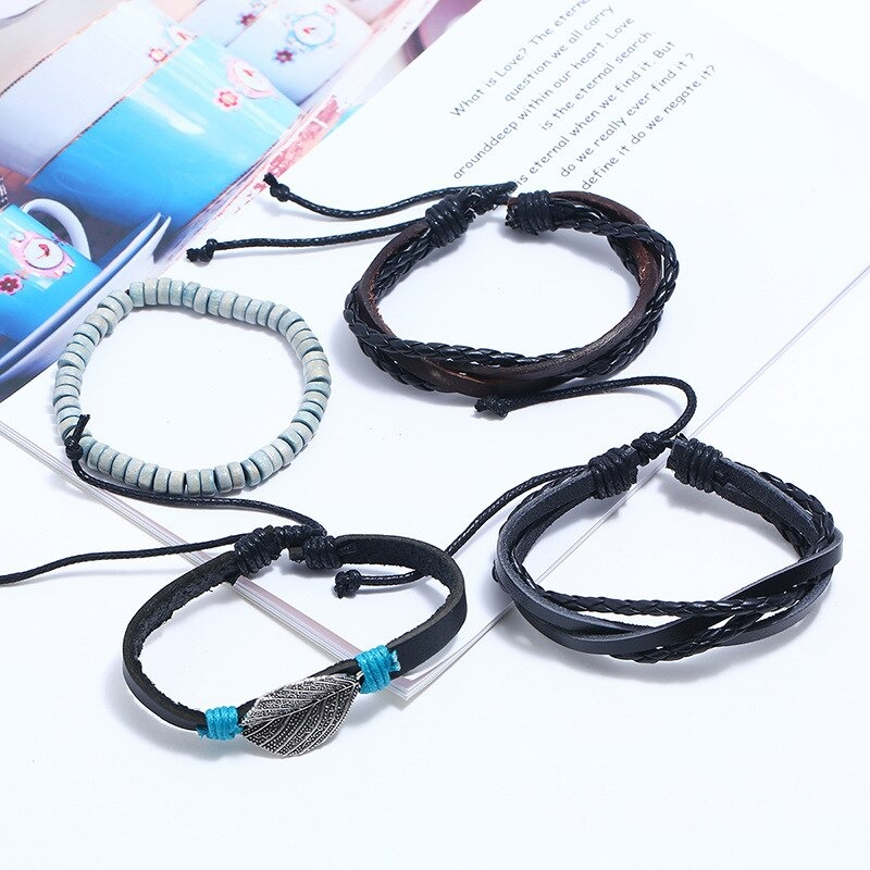 Adjustable Leather Bracelet Set with Plant / Punk Bangles for Men and Women