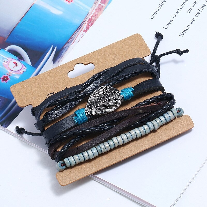 Adjustable Leather Bracelet Set with Plant / Punk Bangles for Men and Women