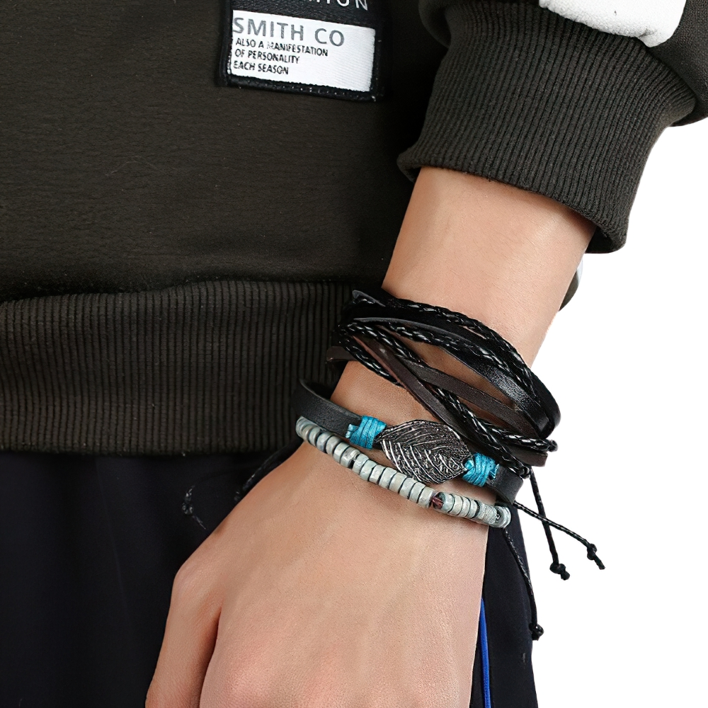 Adjustable Leather Bracelet Set with Plant / Punk Bangles for Men and Women