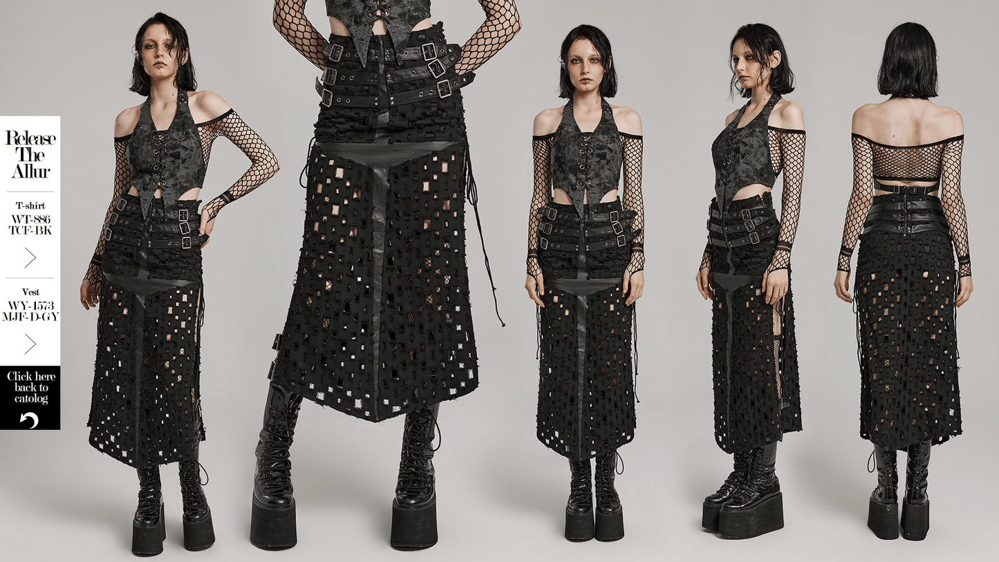 Adjustable Side Drawstring Black Punk Long Skirt