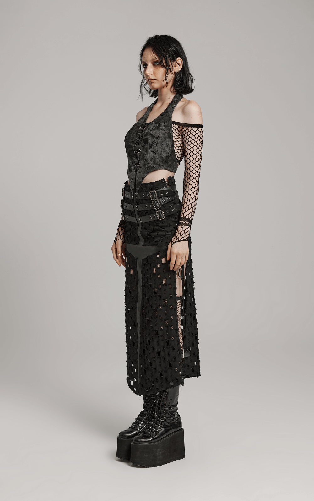 Adjustable Side Drawstring Black Punk Long Skirt