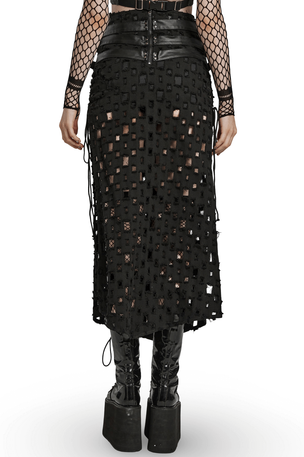 Adjustable Side Drawstring Black Punk Long Skirt