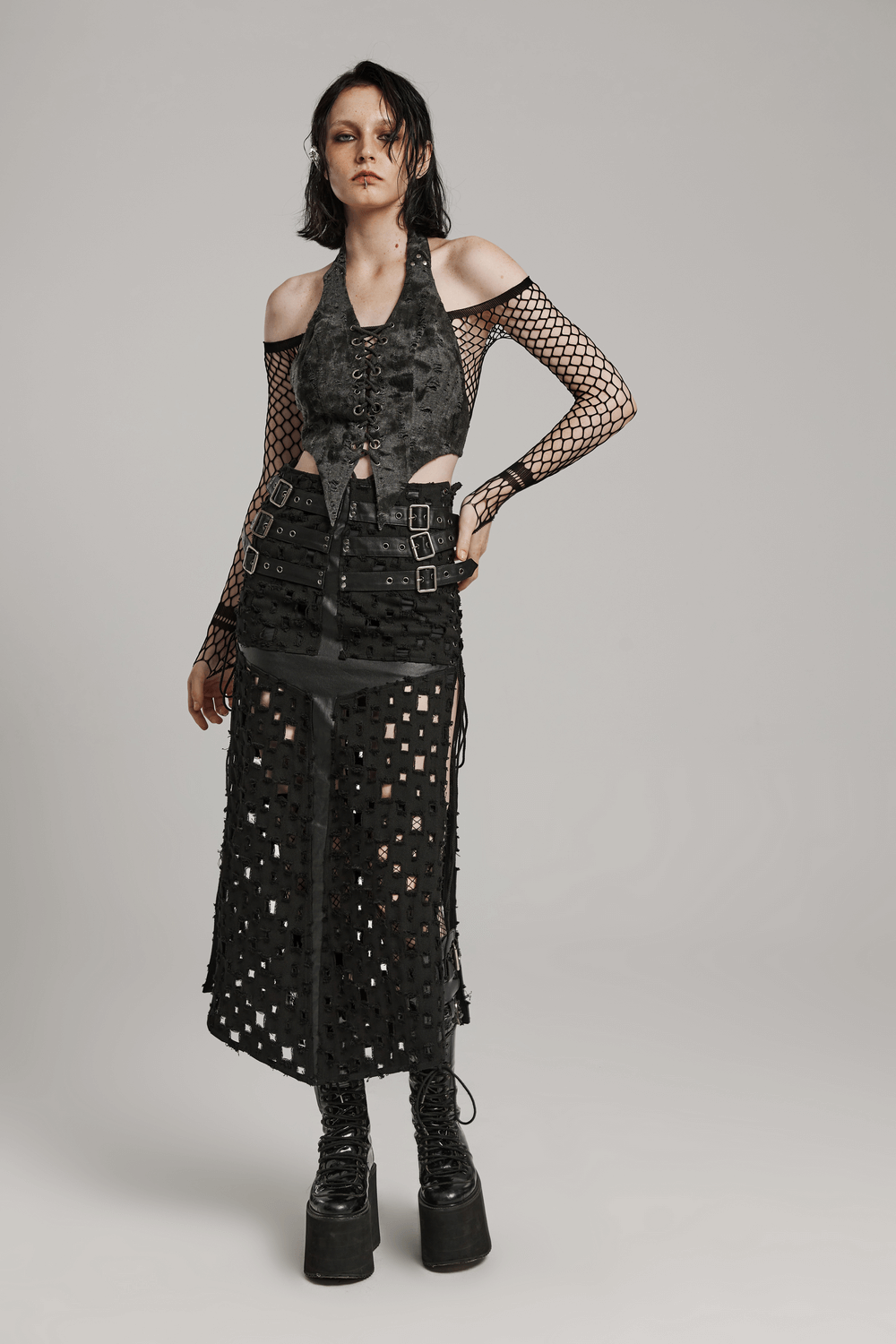 Adjustable Side Drawstring Black Punk Long Skirt