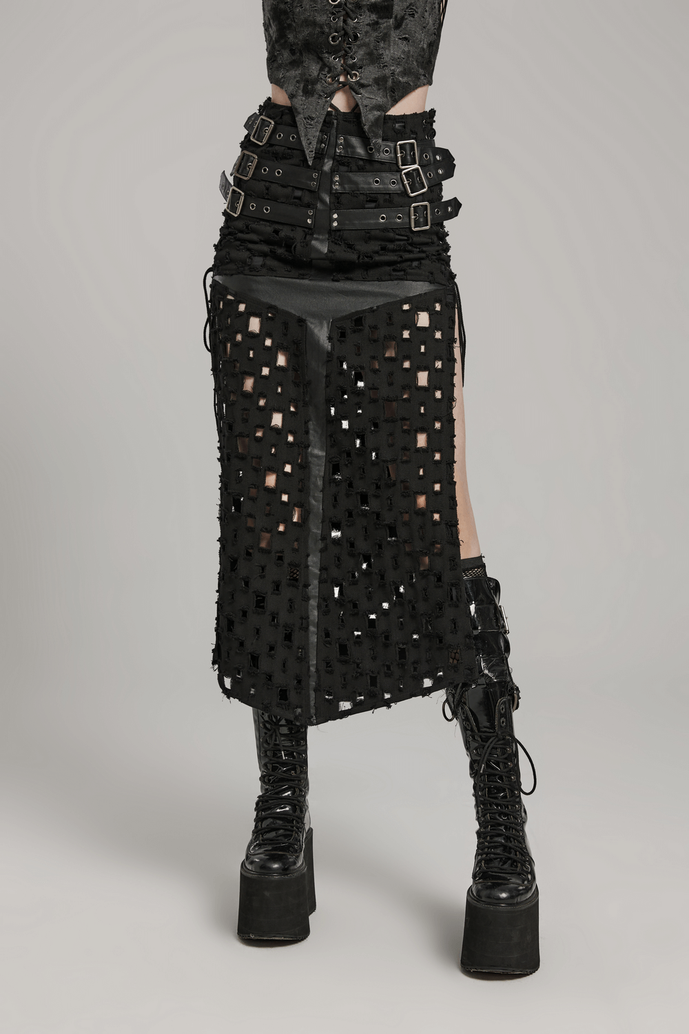 Adjustable Side Drawstring Black Punk Long Skirt