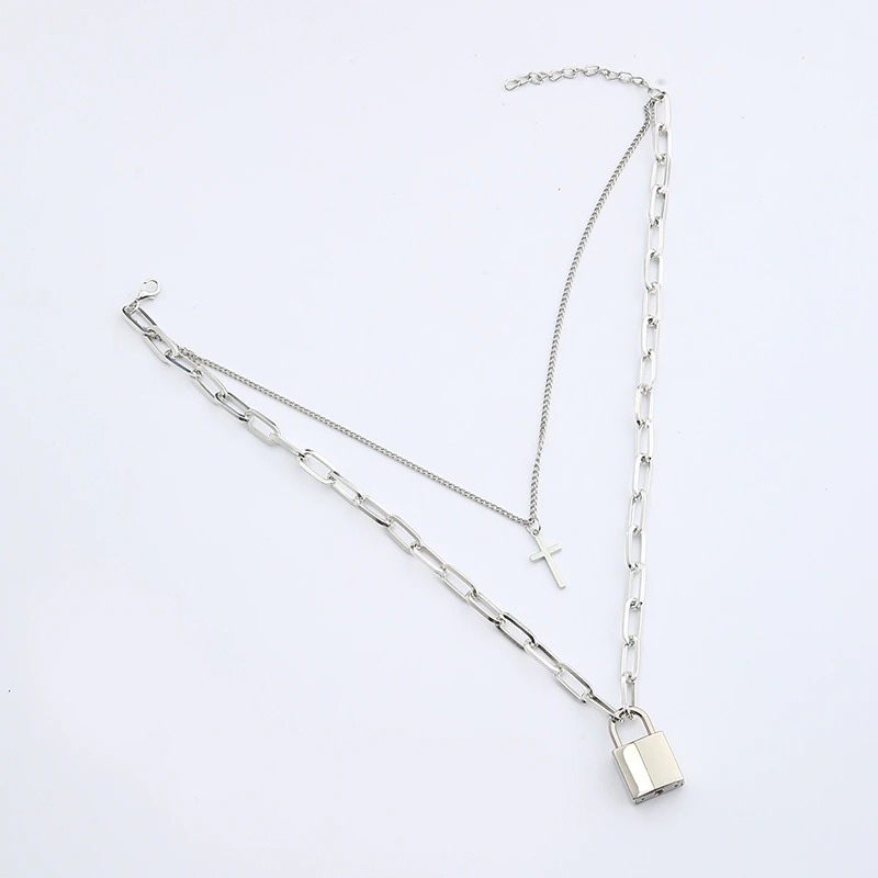 Aesthetic Chain Punk Necklace for Women and Men / Square Lock Cross Pendants / Grunge Goth Accessories