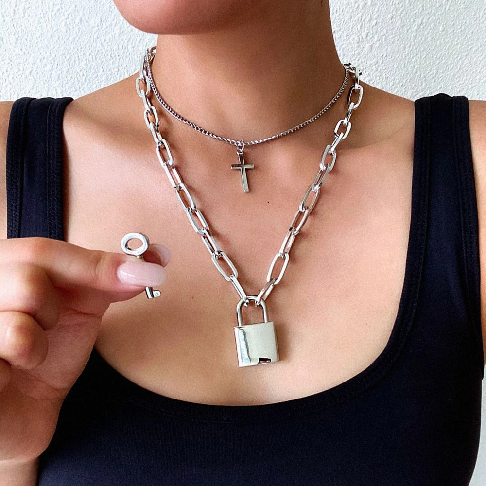 Aesthetic Chain Punk Necklace for Women and Men / Square Lock Cross Pendants / Grunge Goth Accessories