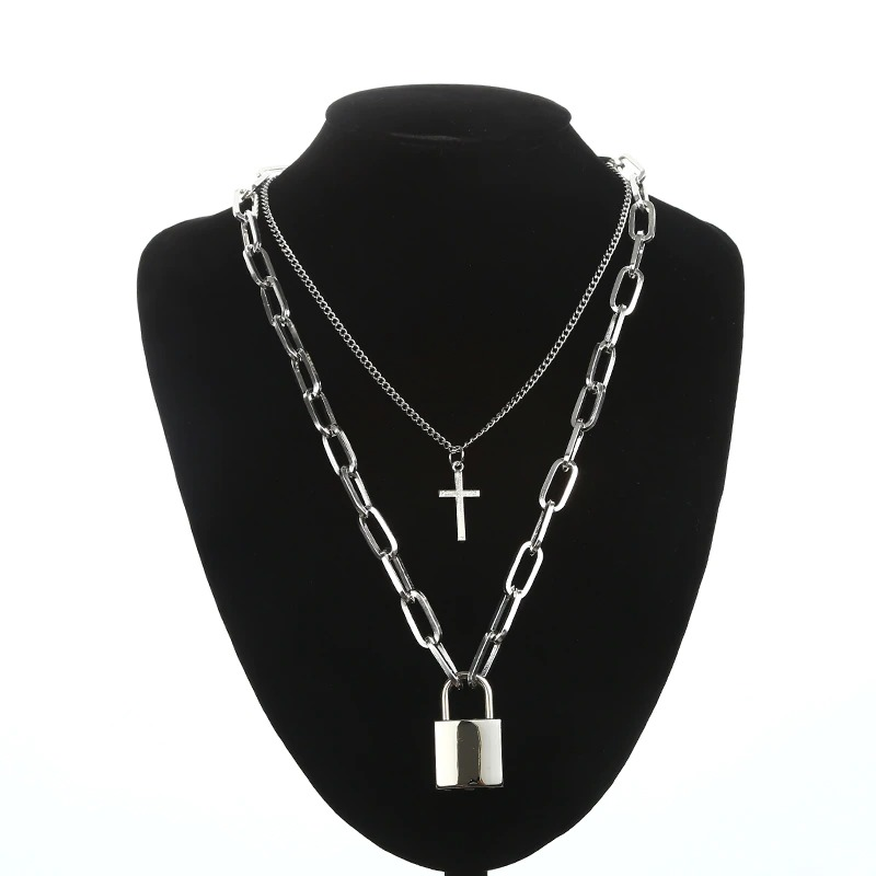 Aesthetic Chain Punk Necklace for Women and Men / Square Lock Cross Pendants / Grunge Goth Accessories