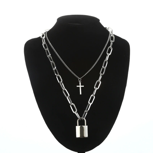 Aesthetic Chain Punk Necklace for Women and Men / Square Lock Cross Pendants / Grunge Goth Accessories