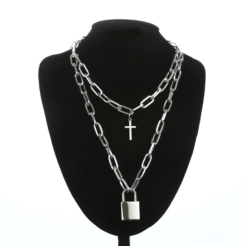 Aesthetic Chain Punk Necklace for Women and Men / Square Lock Cross Pendants / Grunge Goth Accessories