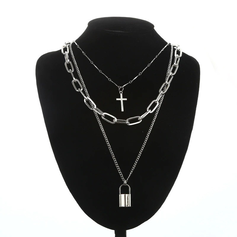 Aesthetic Chain Punk Necklace for Women and Men / Square Lock Cross Pendants / Grunge Goth Accessories