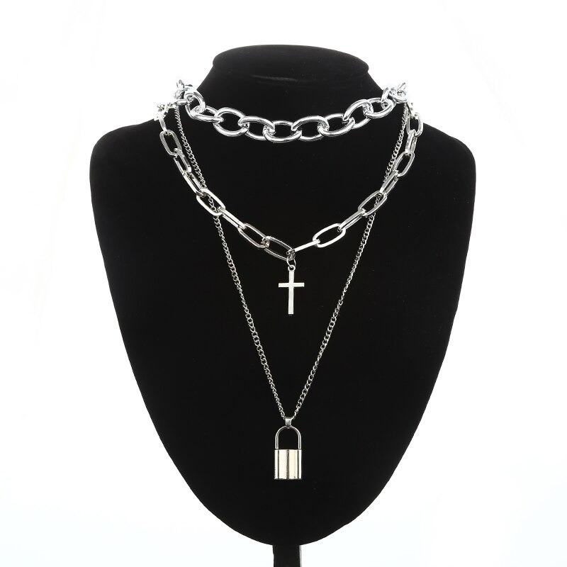 Aesthetic Chain Punk Necklace for Women and Men / Square Lock Cross Pendants / Grunge Goth Accessories