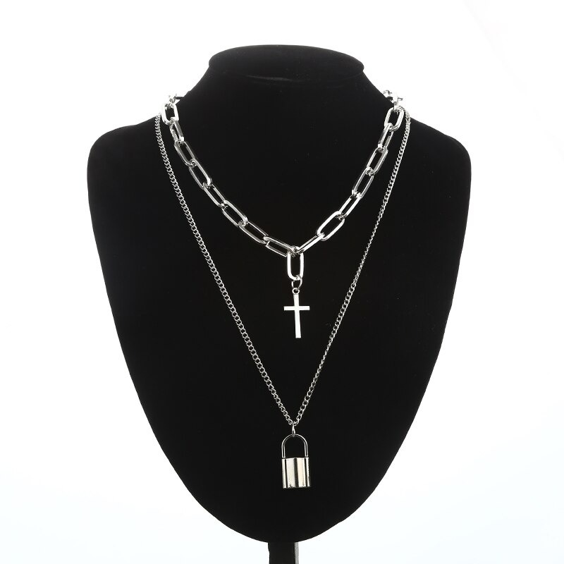 Aesthetic Chain Punk Necklace for Women and Men / Square Lock Cross Pendants / Grunge Goth Accessories