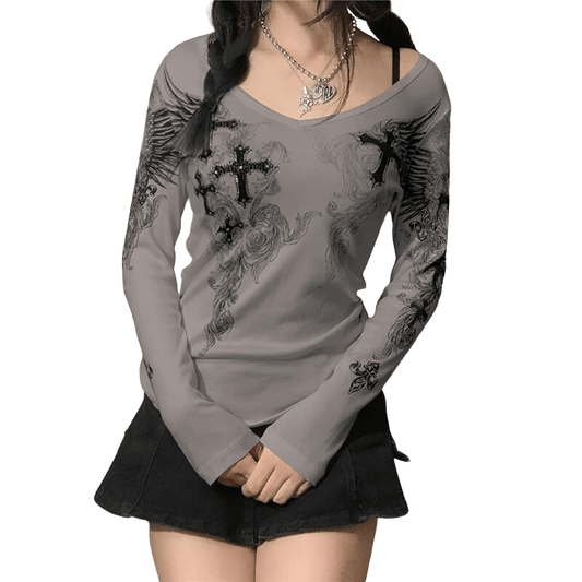 Aesthetic Cross Wings Print Long Sleeves Tops / Casual Ribbed Women's Clothes