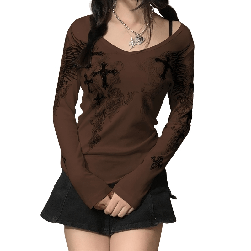 Aesthetic Cross Wings Print Long Sleeves Tops / Casual Ribbed Women's Clothes