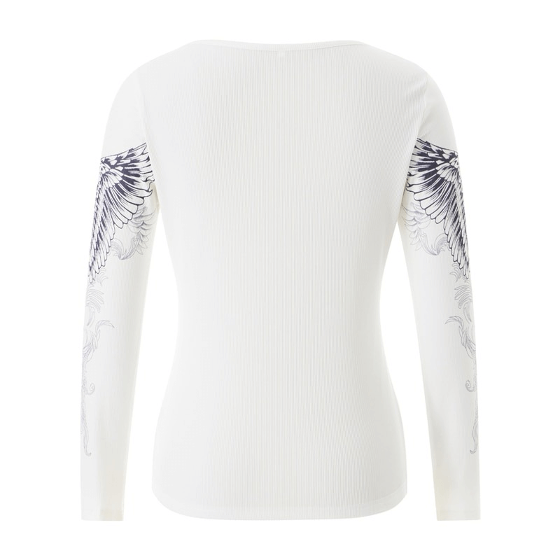 Aesthetic Cross Wings Print Long Sleeves Tops / Casual Ribbed Women's Clothes