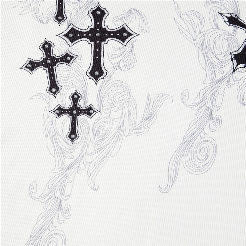 Aesthetic Cross Wings Print Long Sleeves Tops / Casual Ribbed Women's Clothes