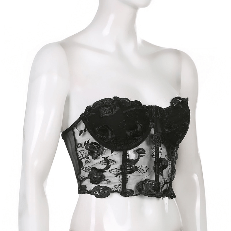 Aesthetic Floral Lace Top for Women / Fashion Sexy Transparent Cropped Tops