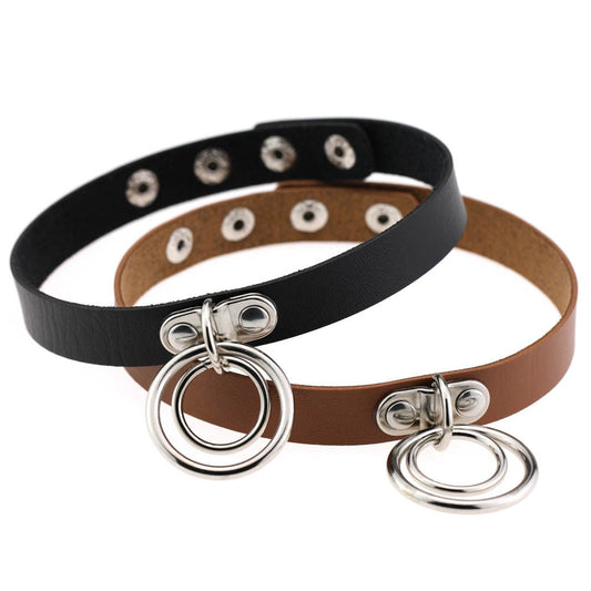 Aesthetic Gothic PU Leather Choker With Rings / Cosplay Multicolor Adjustable Necklaces / Neck Jewelry
