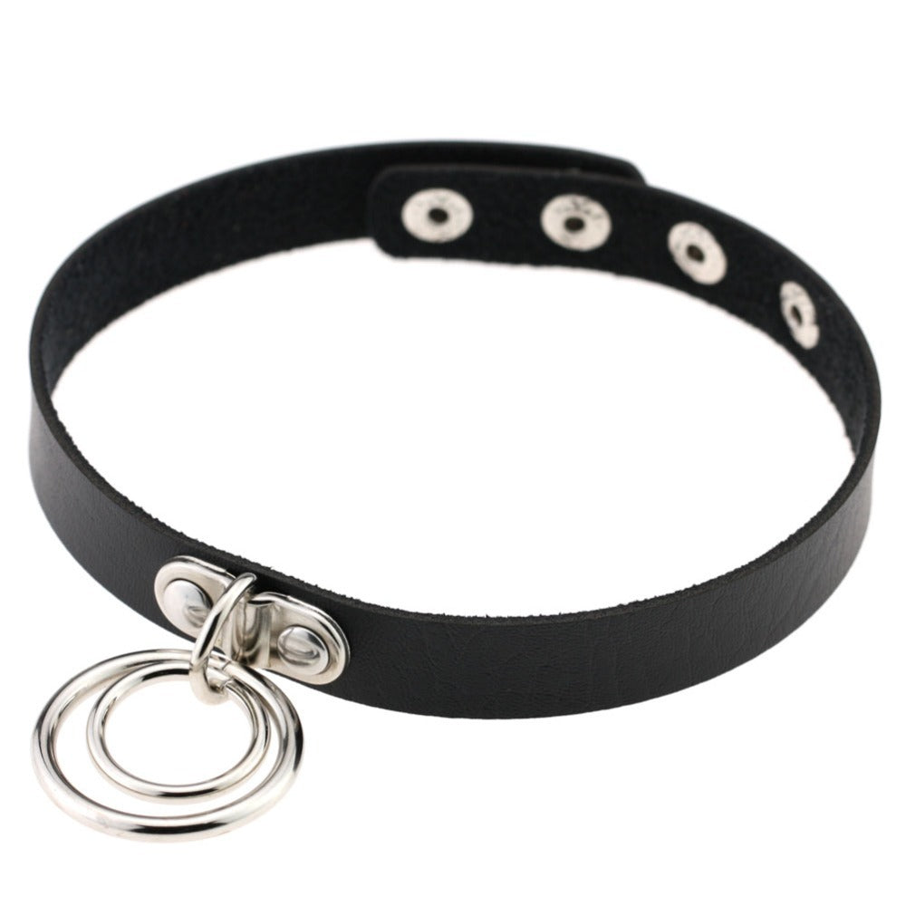 Aesthetic Gothic PU Leather Choker With Rings / Cosplay Multicolor Adjustable Necklaces / Neck Jewelry