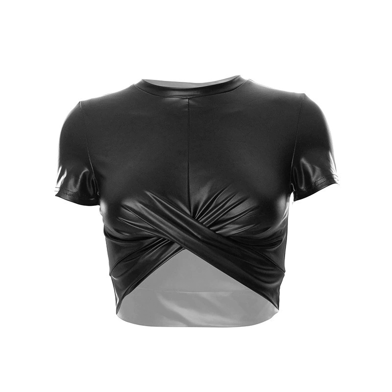 Aesthetic Skinny Crop Top For Women / O-neck Crossover Wraps Chest T-Shirt