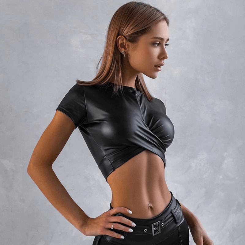 Aesthetic Skinny Crop Top For Women / O-neck Crossover Wraps Chest T-Shirt