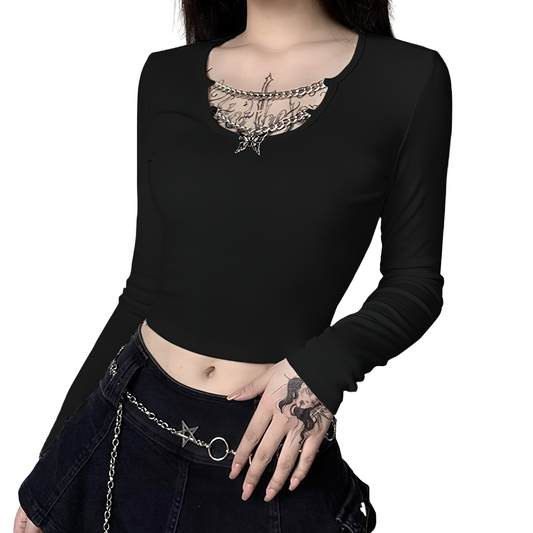 Aesthetic Women's Crop Top / Gothic Women's Top With Chain / Female Top With Butterfly Pendant