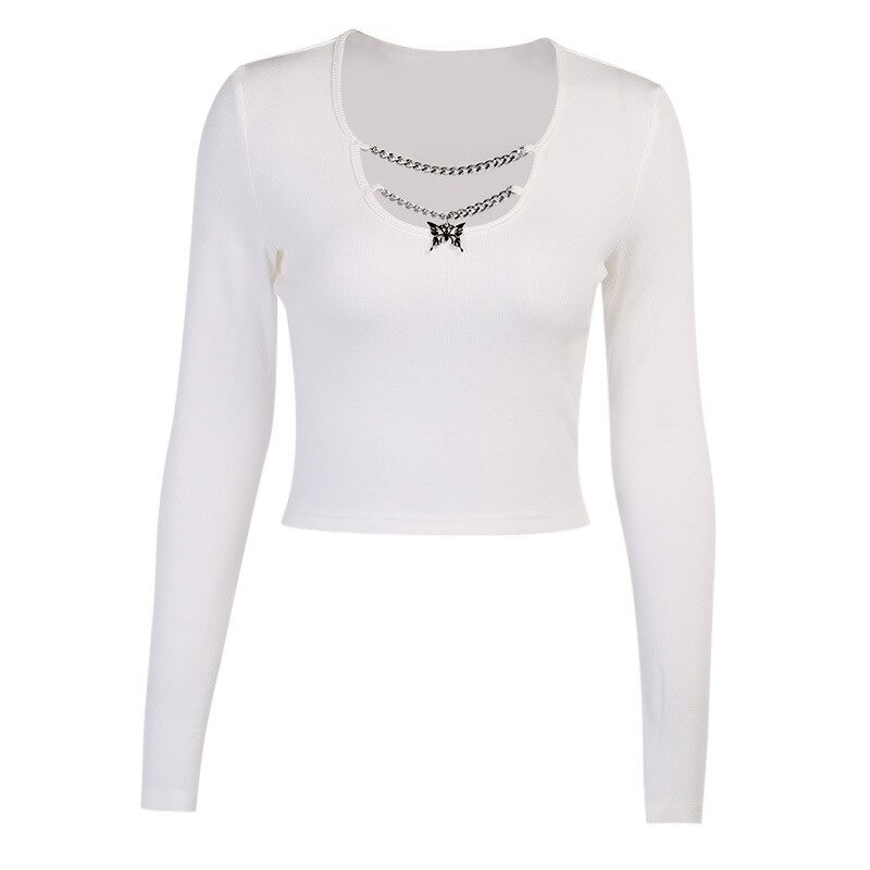 Aesthetic Women's Crop Top / Gothic Women's Top With Chain / Female Top With Butterfly Pendant
