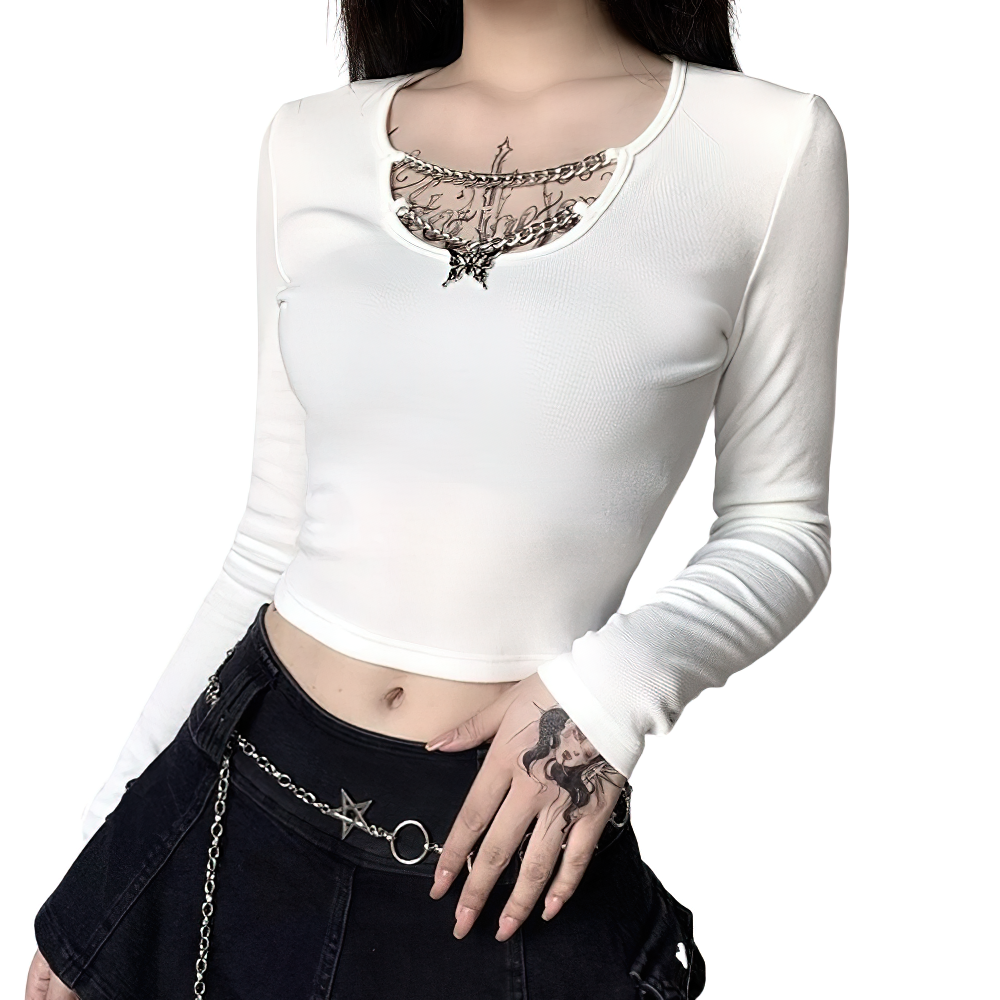 Aesthetic Women's Crop Top / Gothic Women's Top With Chain / Female Top With Butterfly Pendant