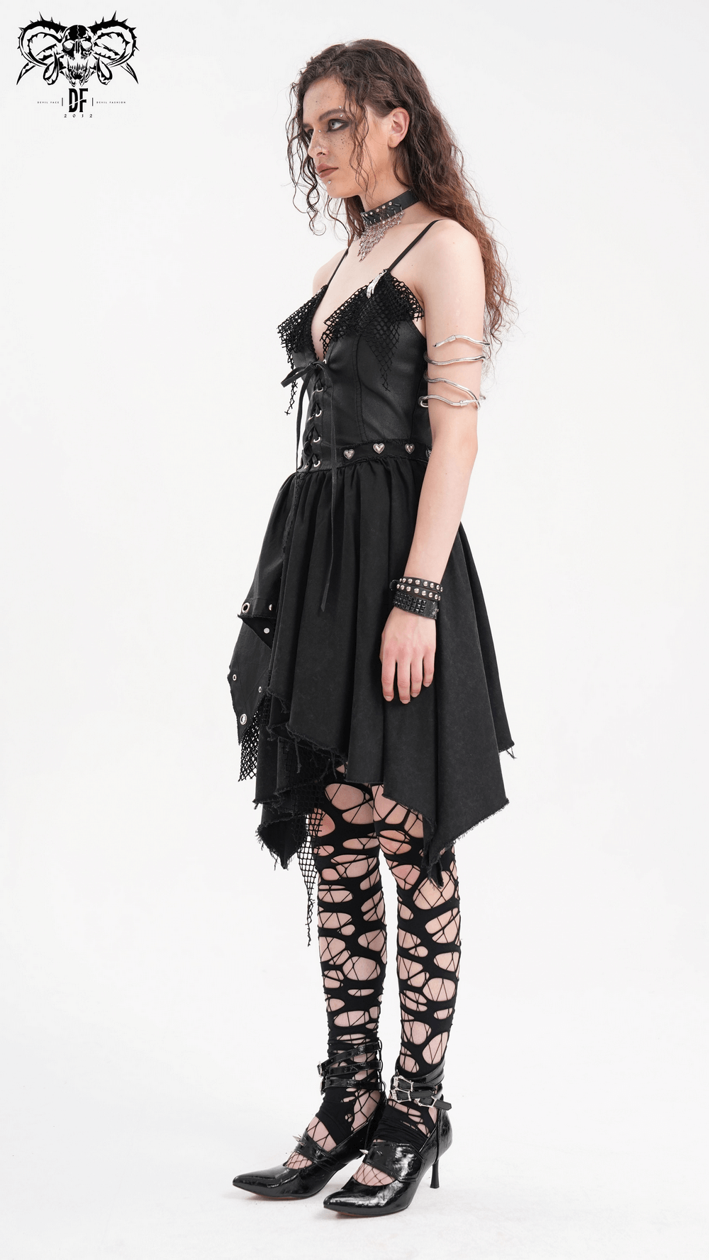 Allure Goth Layered Asymmetric Dress with Lace Detail
