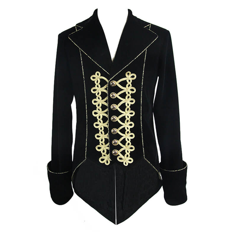 Alternative Black Male Coat with Golden Embroidery / Vintage Men's Goth Velvet Coats