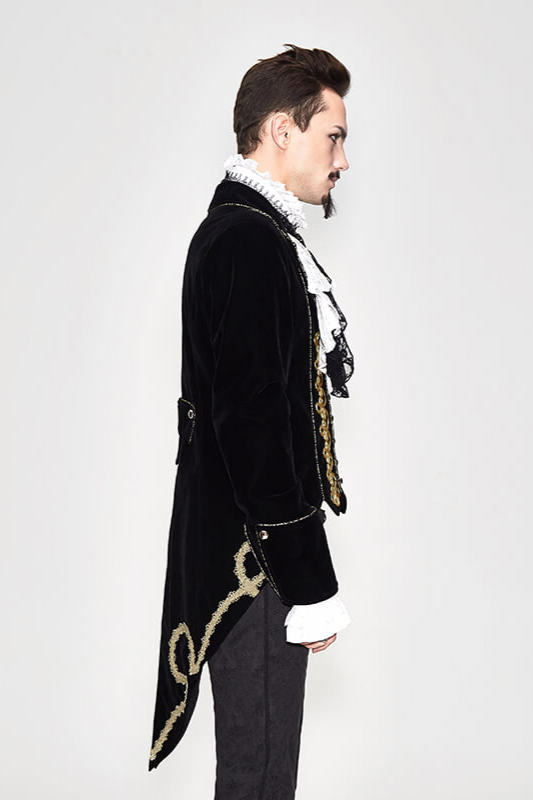 Alternative Black Male Coat with Golden Embroidery / Vintage Men's Goth Velvet Coats
