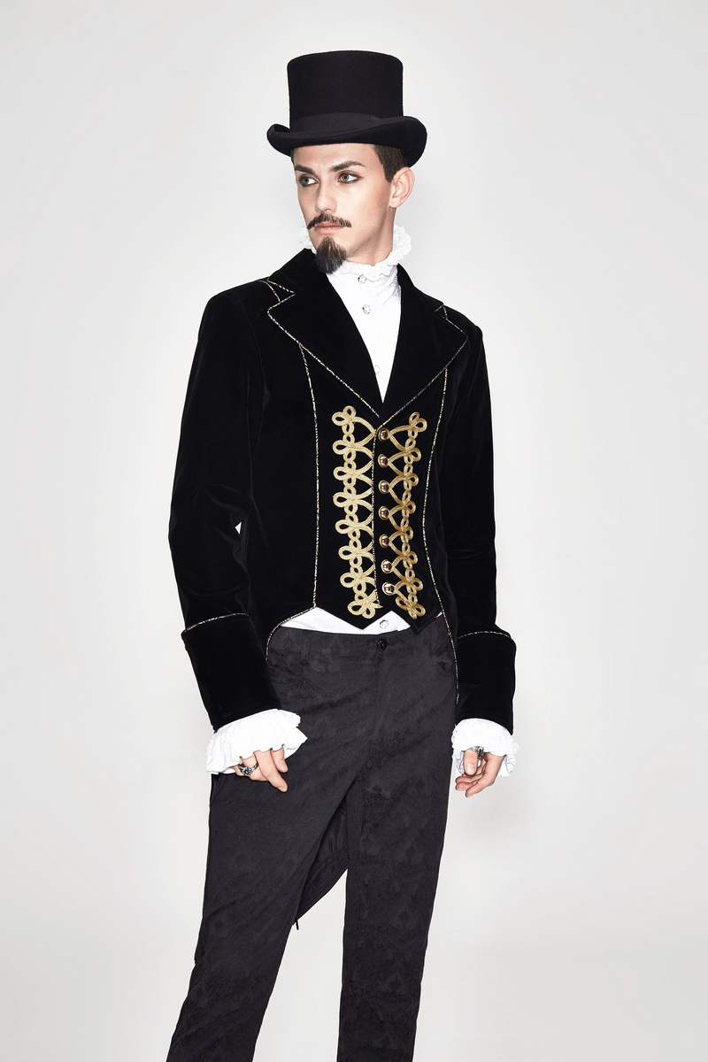 Alternative Black Male Coat with Golden Embroidery / Vintage Men's Goth Velvet Coats