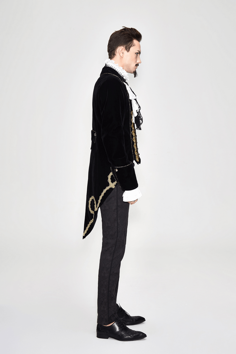 Alternative Black Male Coat with Golden Embroidery / Vintage Men's Goth Velvet Coats