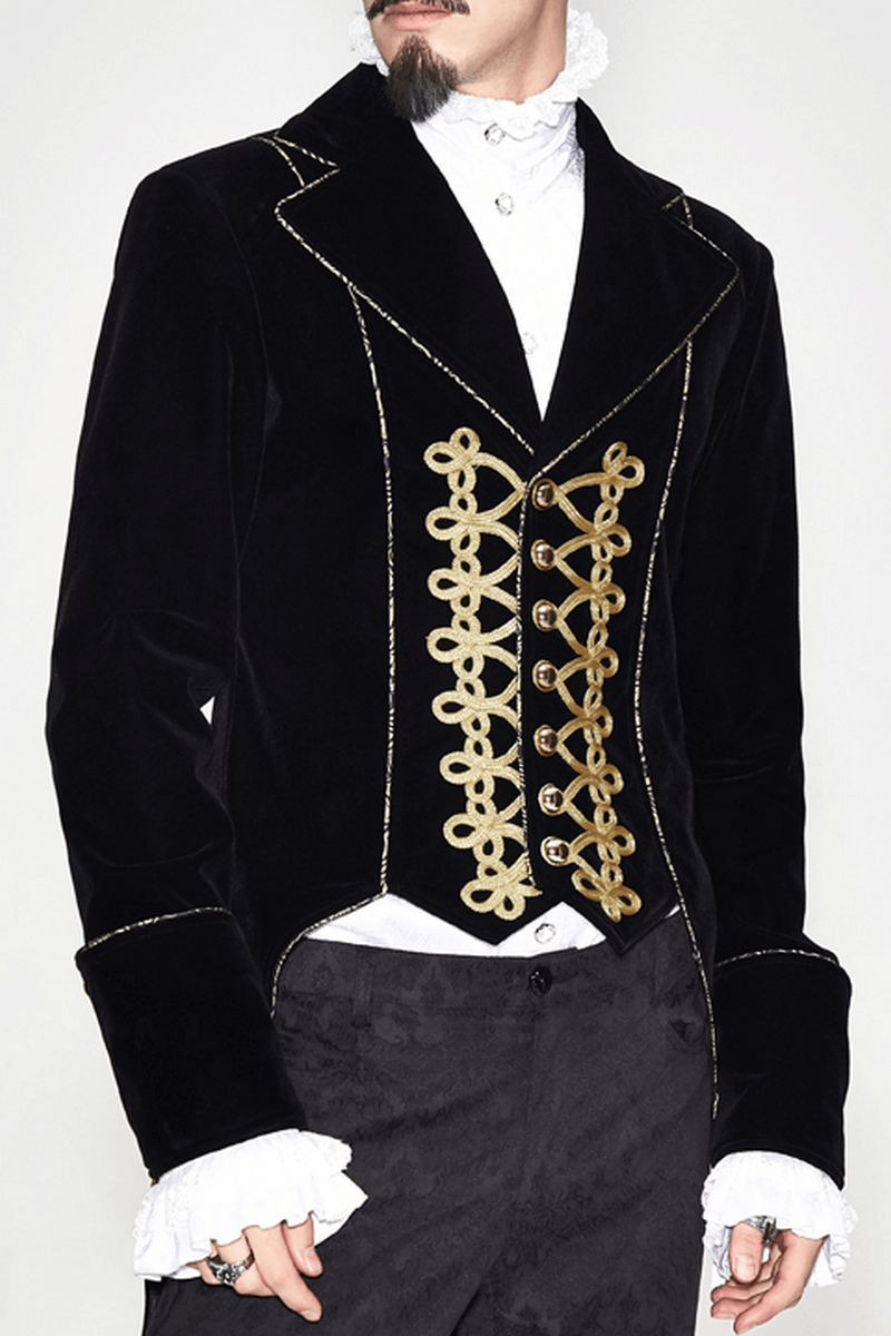 Alternative Black Male Coat with Golden Embroidery / Vintage Men's Goth Velvet Coats