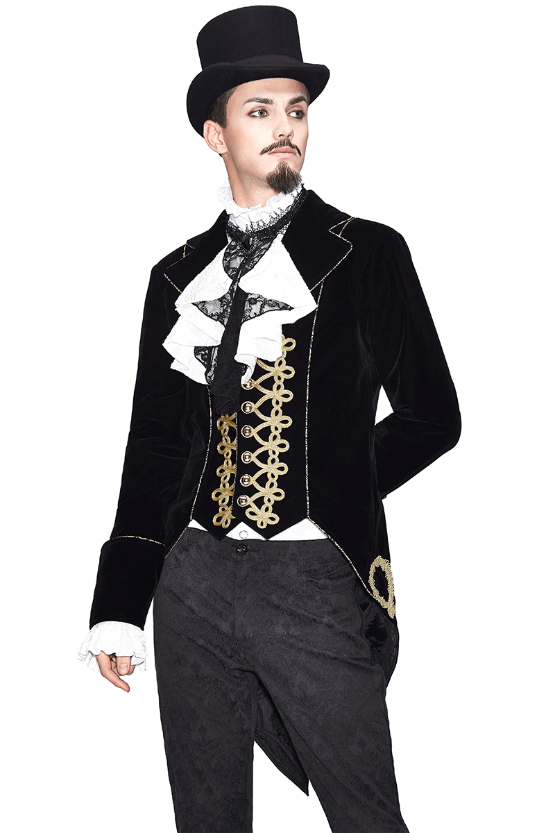 Alternative Black Male Coat with Golden Embroidery / Vintage Men's Goth Velvet Coats